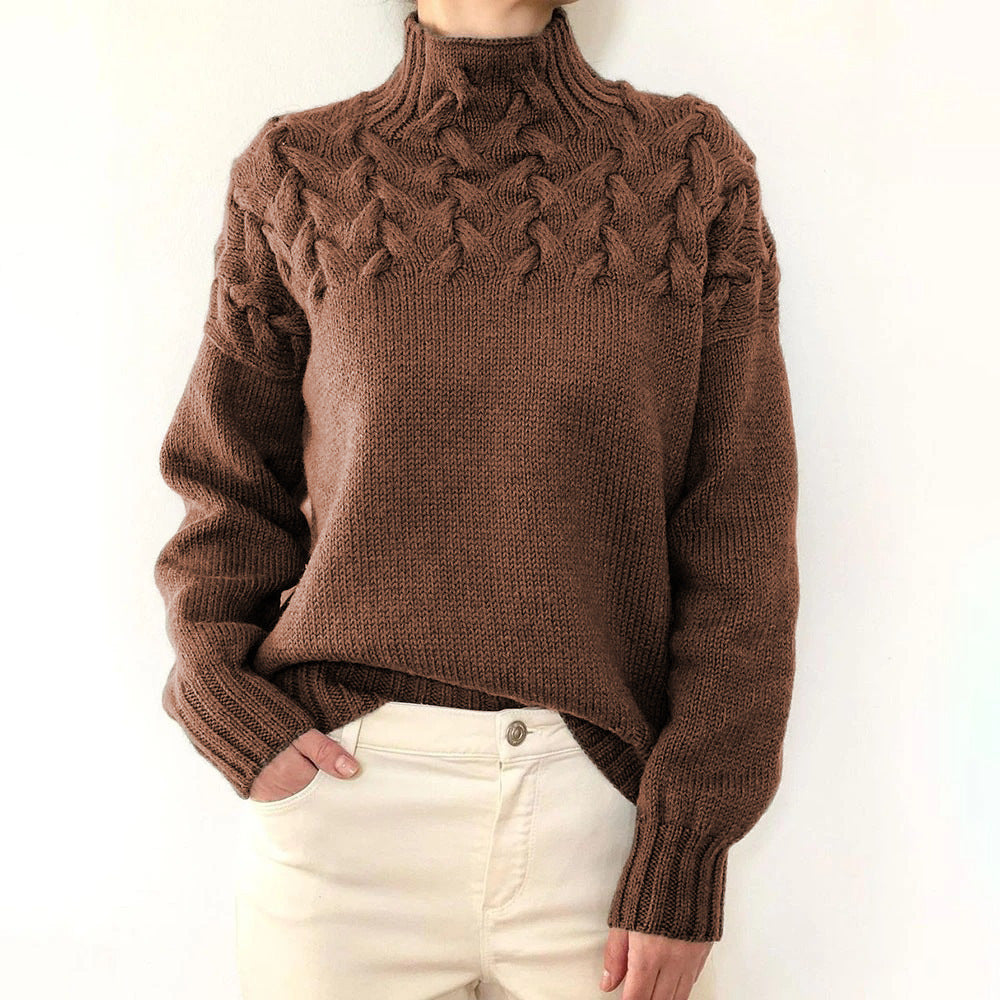 Women's Braided Yoke Roll-Neck Jumper with Ribbed Trims – Brown