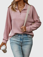 Women's Horizontal Rib Half-Zip Knit Jumper - Pink