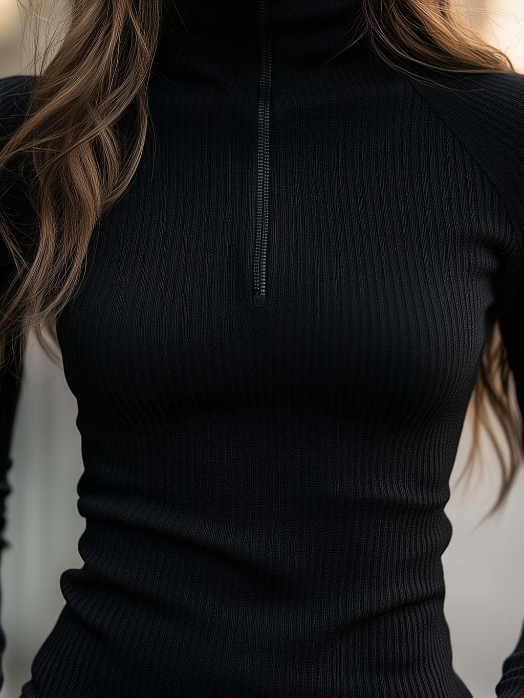 Women's Slim Ribbed Zip-Neck Long Sleeve Top