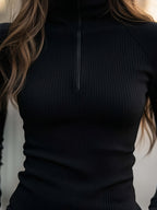Women's Slim Ribbed Zip-Neck Long Sleeve Top