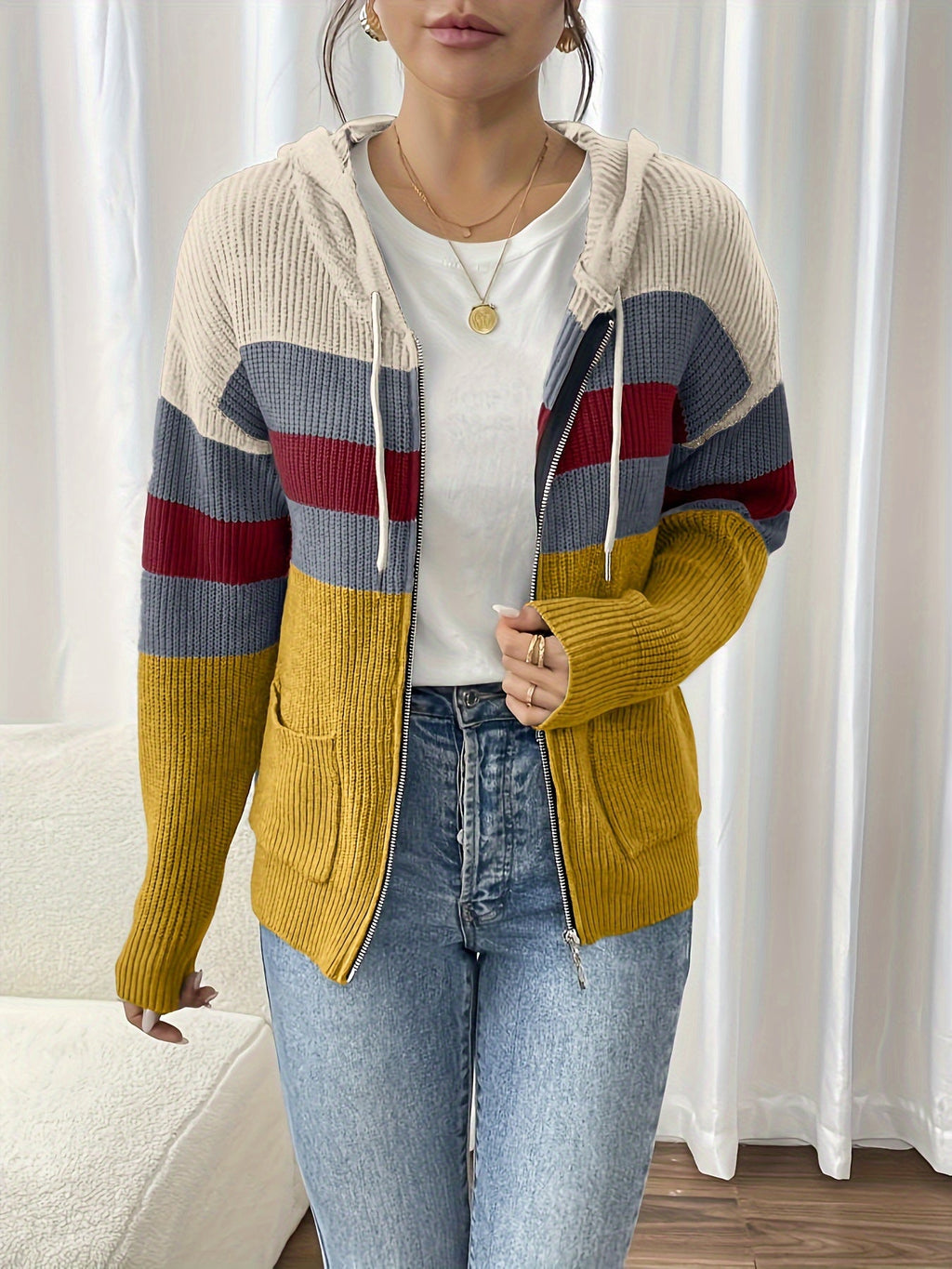 Women's Ribbed Knit Zip-Through Hooded Cardigan