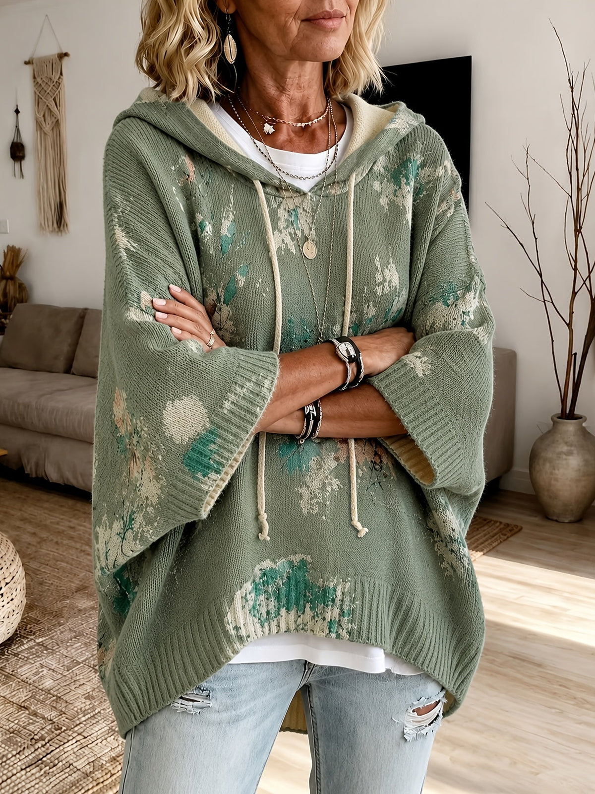 Women's Relaxed Floral Knit Hooded Poncho Jumper