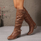 Women's Soft Slouch Block Heel Boots with Buckle Accents