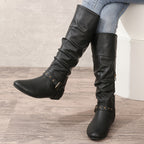 Women's Flat Round Toe Tall Boots with Buckle Strap