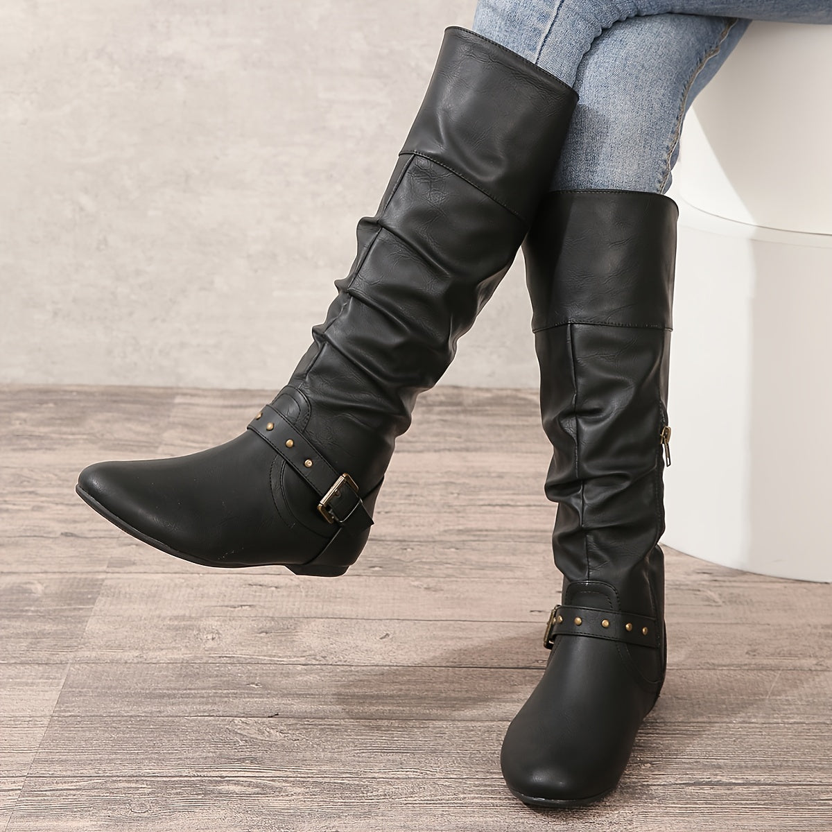 Women's Flat Round Toe Tall Boots with Buckle Strap