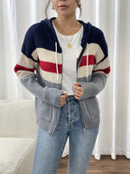 Women's Ribbed Knit Zip-Through Hooded Cardigan