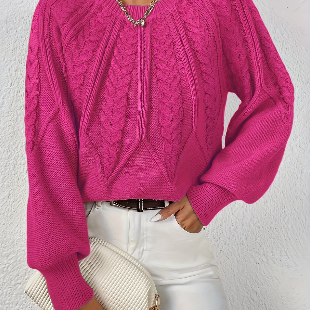 Women's Statement Sleeve Wool Blend Cable-Knit Jumper – Hot Pink
