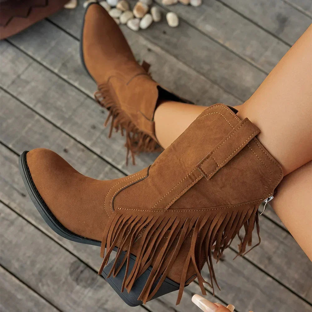 Women's Fringed Cowboy Boots with Wide Calf and Cuban Heel