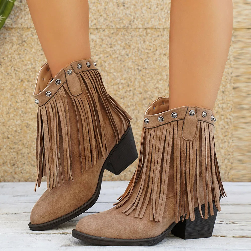 Women's Fringed Cowboy Boots with Wide Calf and Cuban Heel