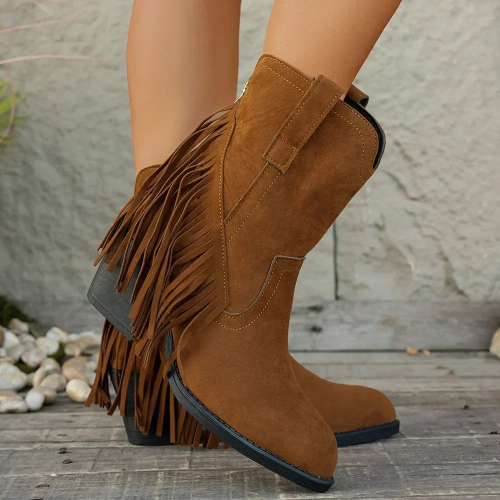 Women's Fringed Cowboy Boots with Wide Calf and Cuban Heel
