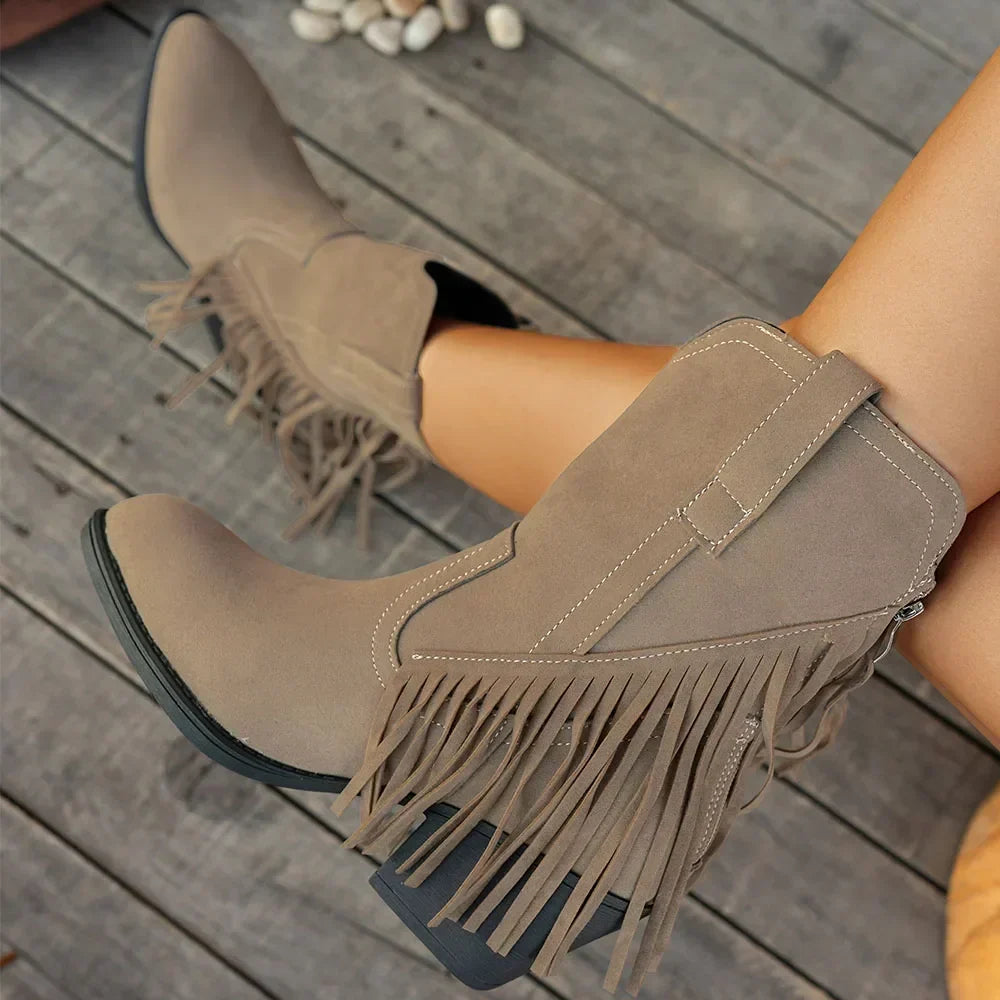 Women's Fringed Cowboy Boots with Wide Calf and Cuban Heel