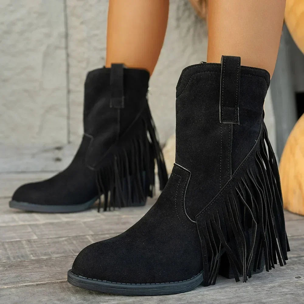 Women's Fringed Cowboy Boots with Wide Calf and Cuban Heel