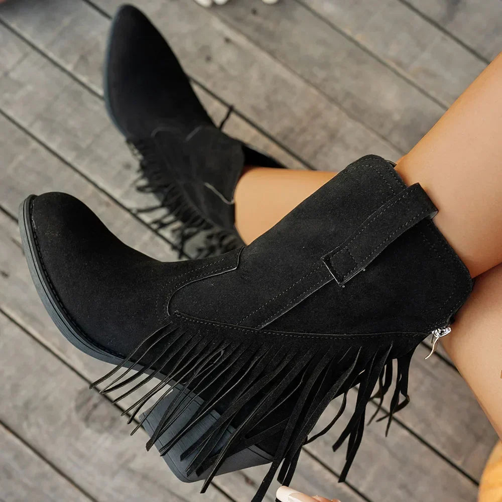 Women's Fringed Cowboy Boots with Wide Calf and Cuban Heel