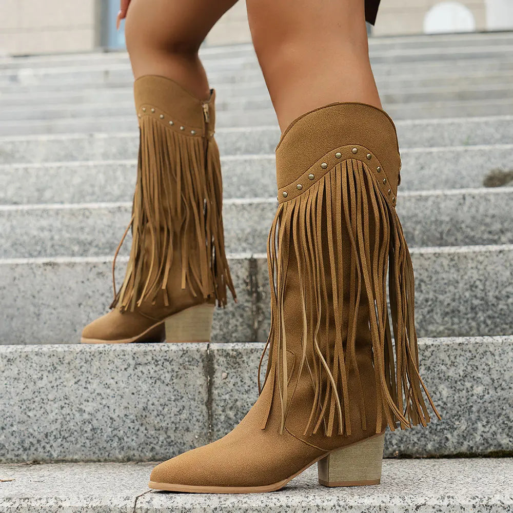 Women's Fringed Cowboy Boots with Wide Calf and Cuban Heel