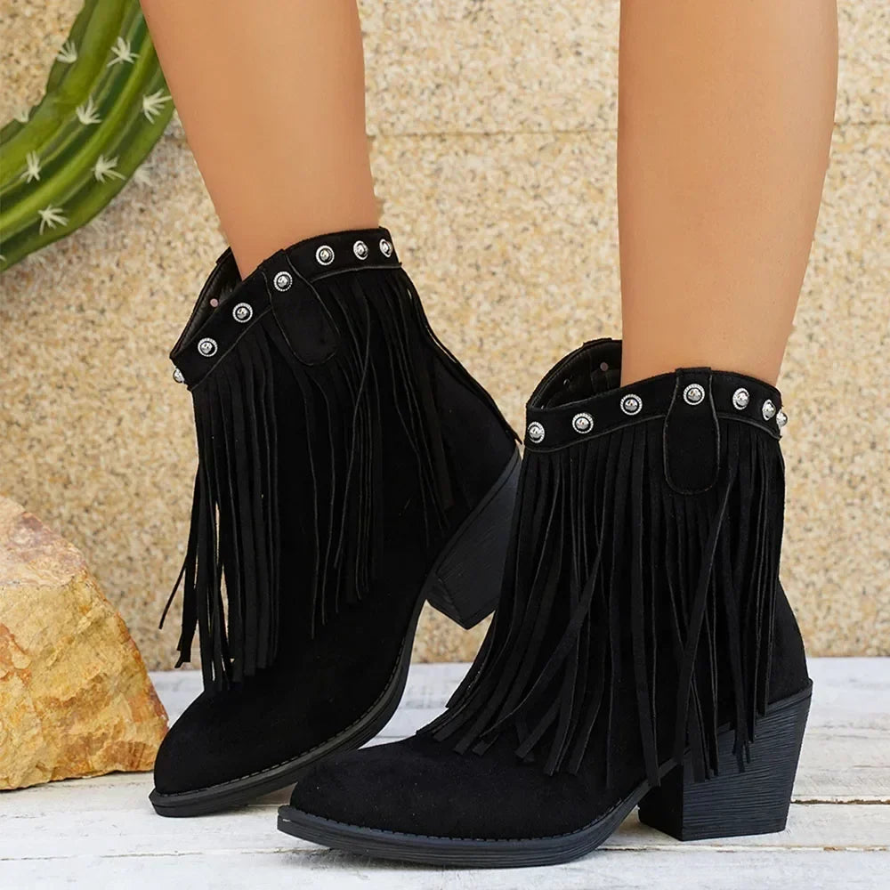 Women's Fringed Cowboy Boots with Wide Calf and Cuban Heel
