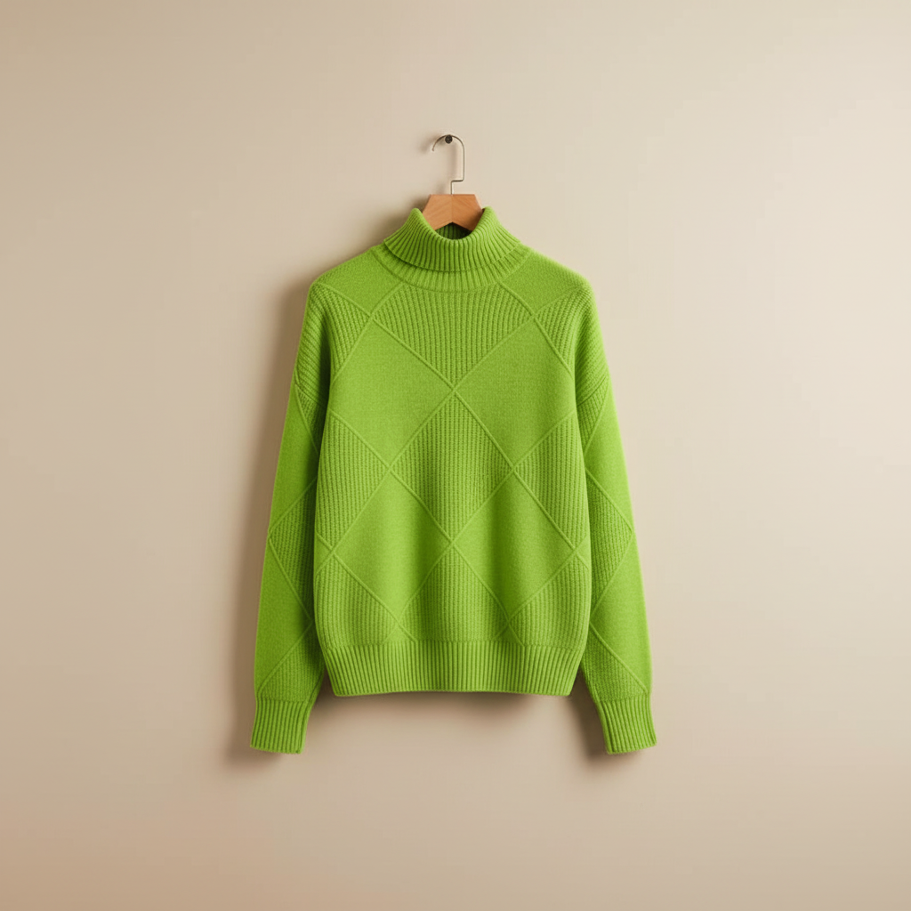 Women's Textured Diamond Knit Roll-Neck Jumper Relaxed Fit – Lime Green