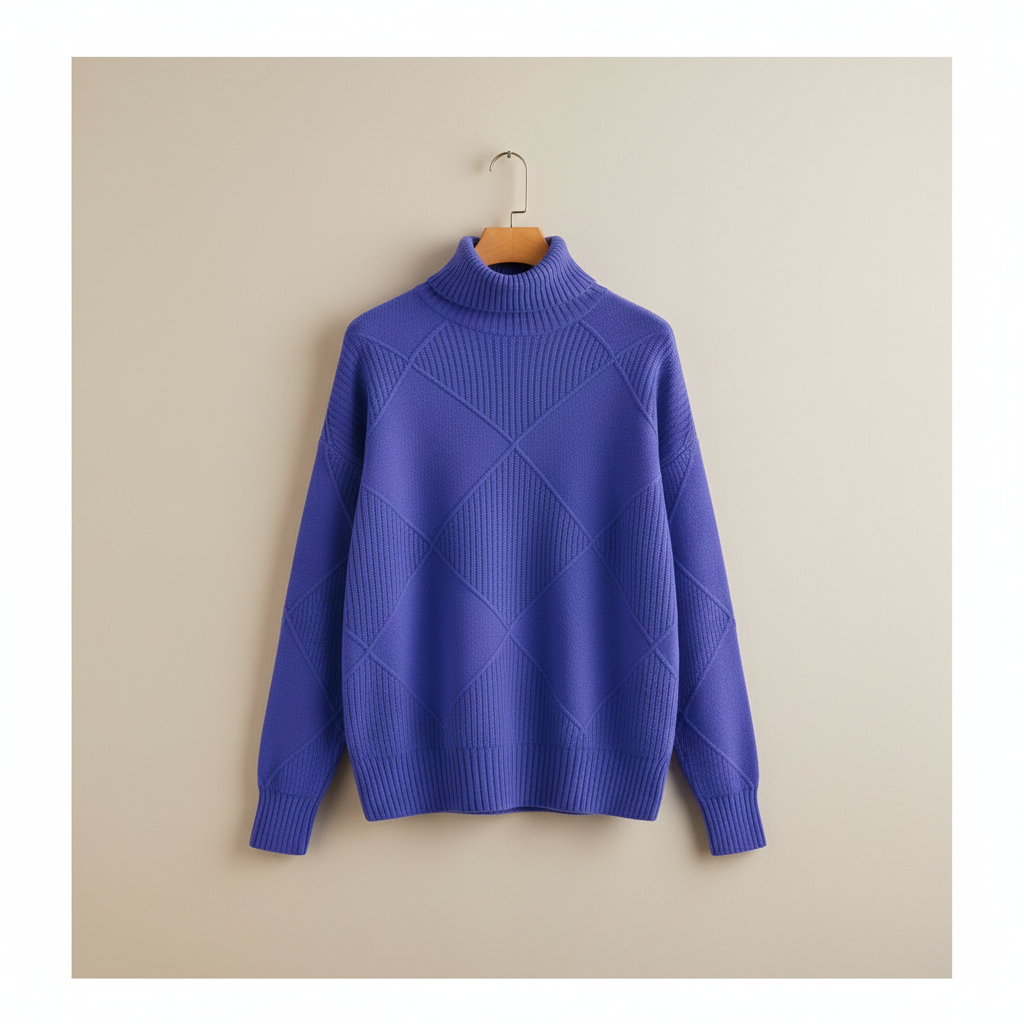 Women's Textured Diamond Knit Roll-Neck Jumper Relaxed Fit – Purple