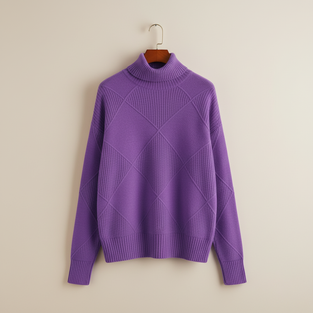 Women's Textured Diamond Knit Roll-Neck Jumper Relaxed Fit – Light Grey