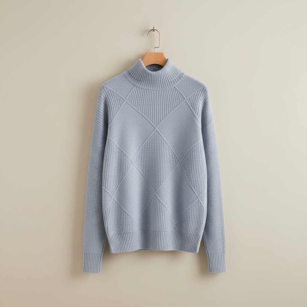 Women's Textured Diamond Knit Roll-Neck Jumper Relaxed Fit – Light Yellow
