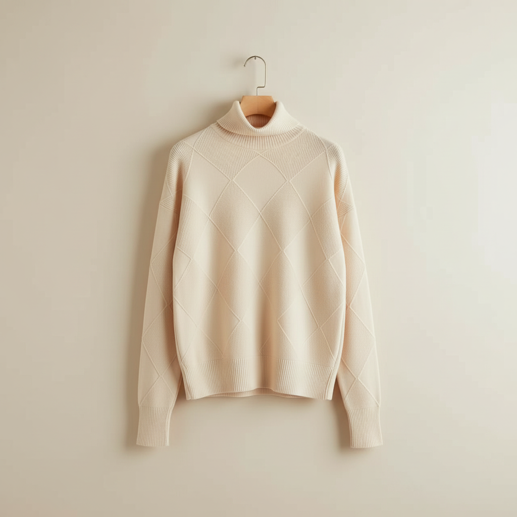 Women's Textured Diamond Knit Roll-Neck Jumper Relaxed Fit