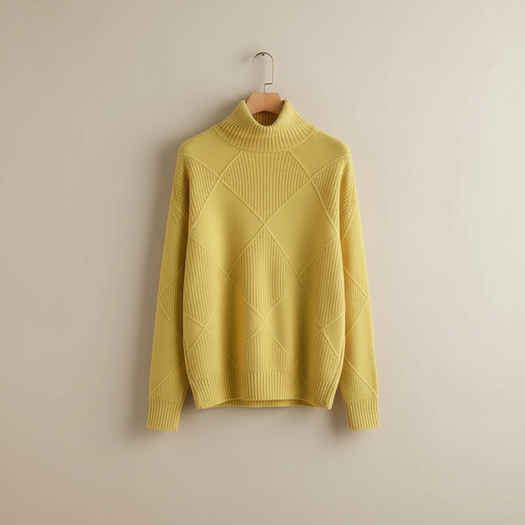 Women's Textured Diamond Knit Roll-Neck Jumper Relaxed Fit – Khaki