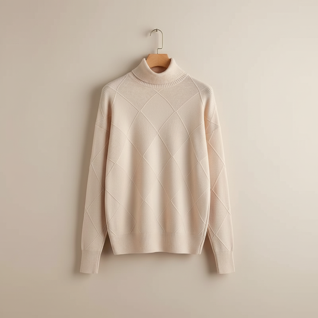 Women's Textured Diamond Knit Roll-Neck Jumper Relaxed Fit – Green