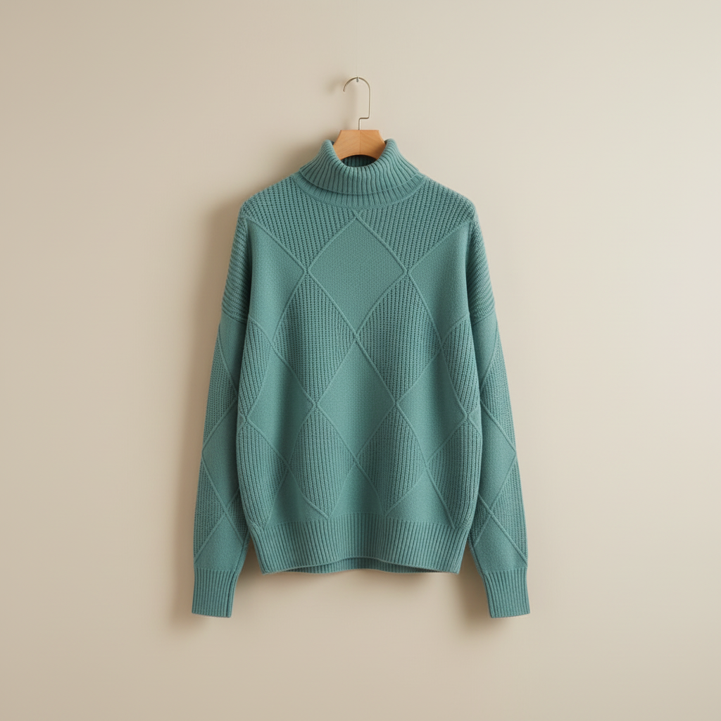 Women's Textured Diamond Knit Roll-Neck Jumper Relaxed Fit – Black