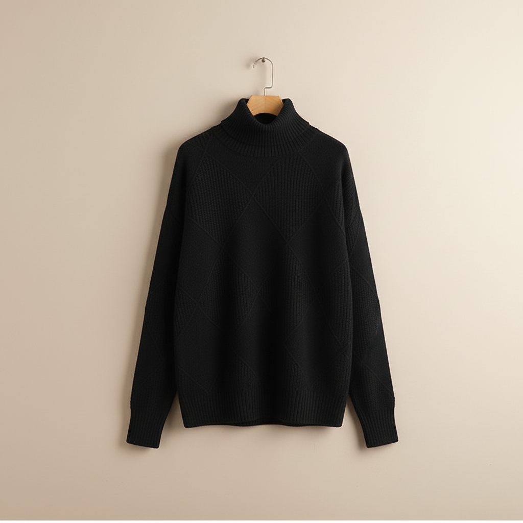 Women's Textured Diamond Knit Roll-Neck Jumper Relaxed Fit – Dark Brown