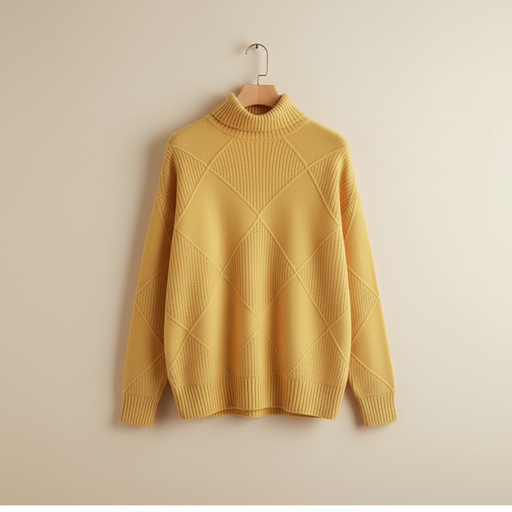 Women's Textured Diamond Knit Roll-Neck Jumper Relaxed Fit – Coffee Brown