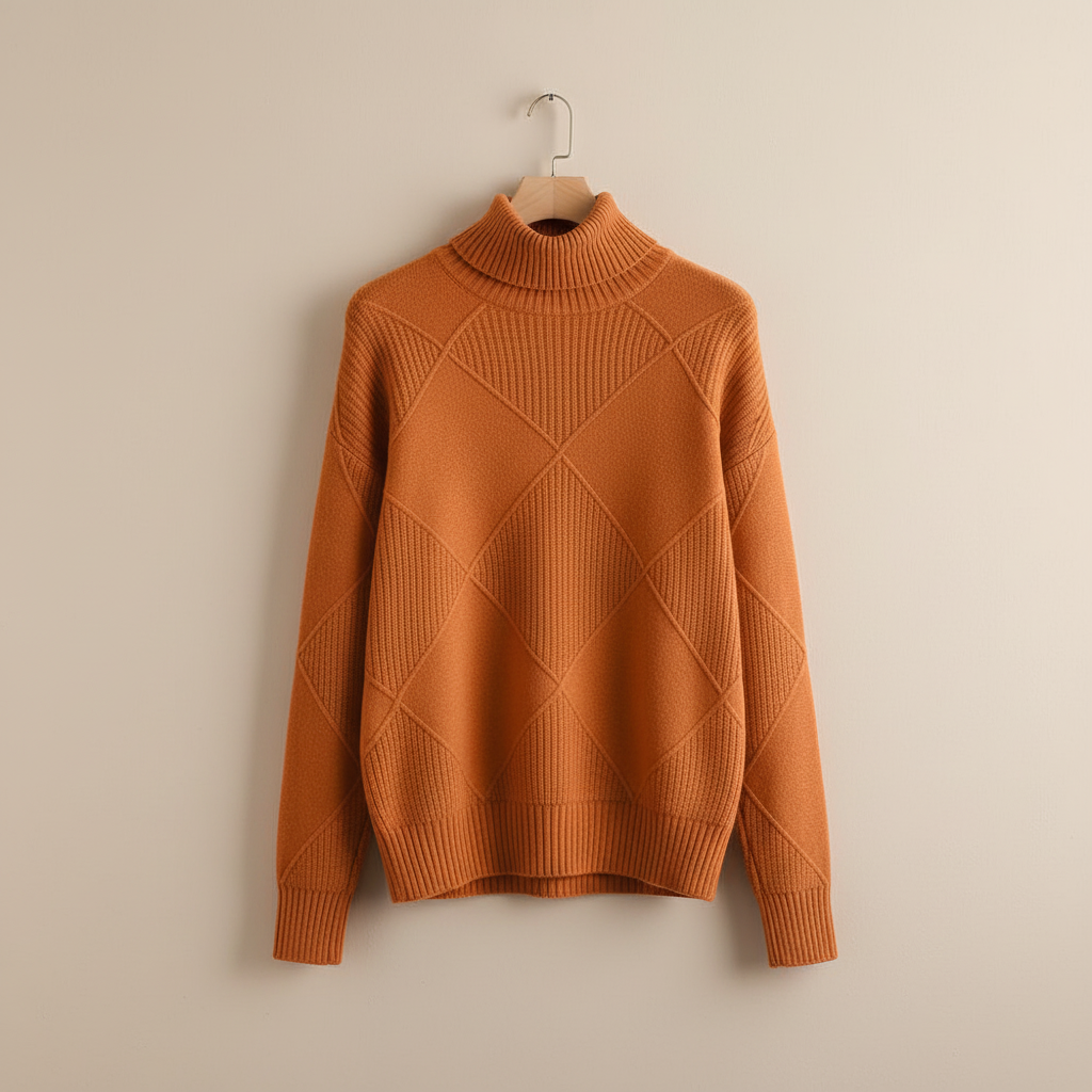 Women's Textured Diamond Knit Roll-Neck Jumper Relaxed Fit – Rose Red