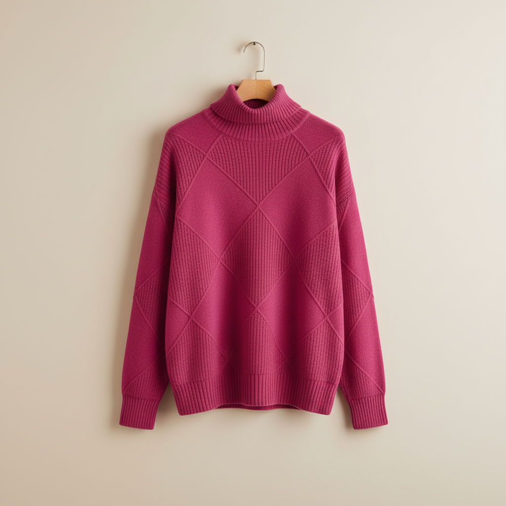 Women's Textured Diamond Knit Roll-Neck Jumper Relaxed Fit – Light Green