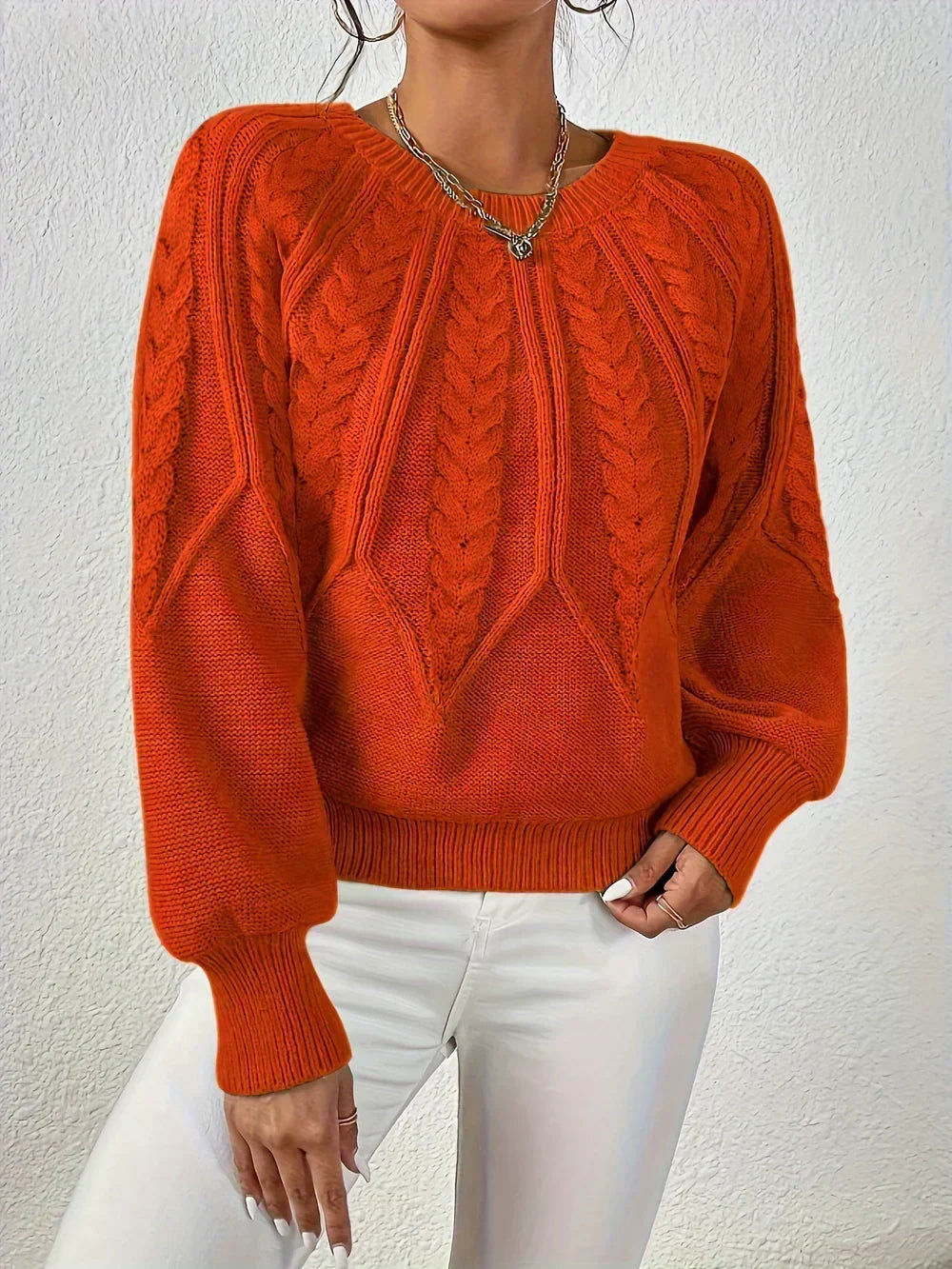 Women's Relaxed Cable-Knit Jumper with Crew Neckline – Orange
