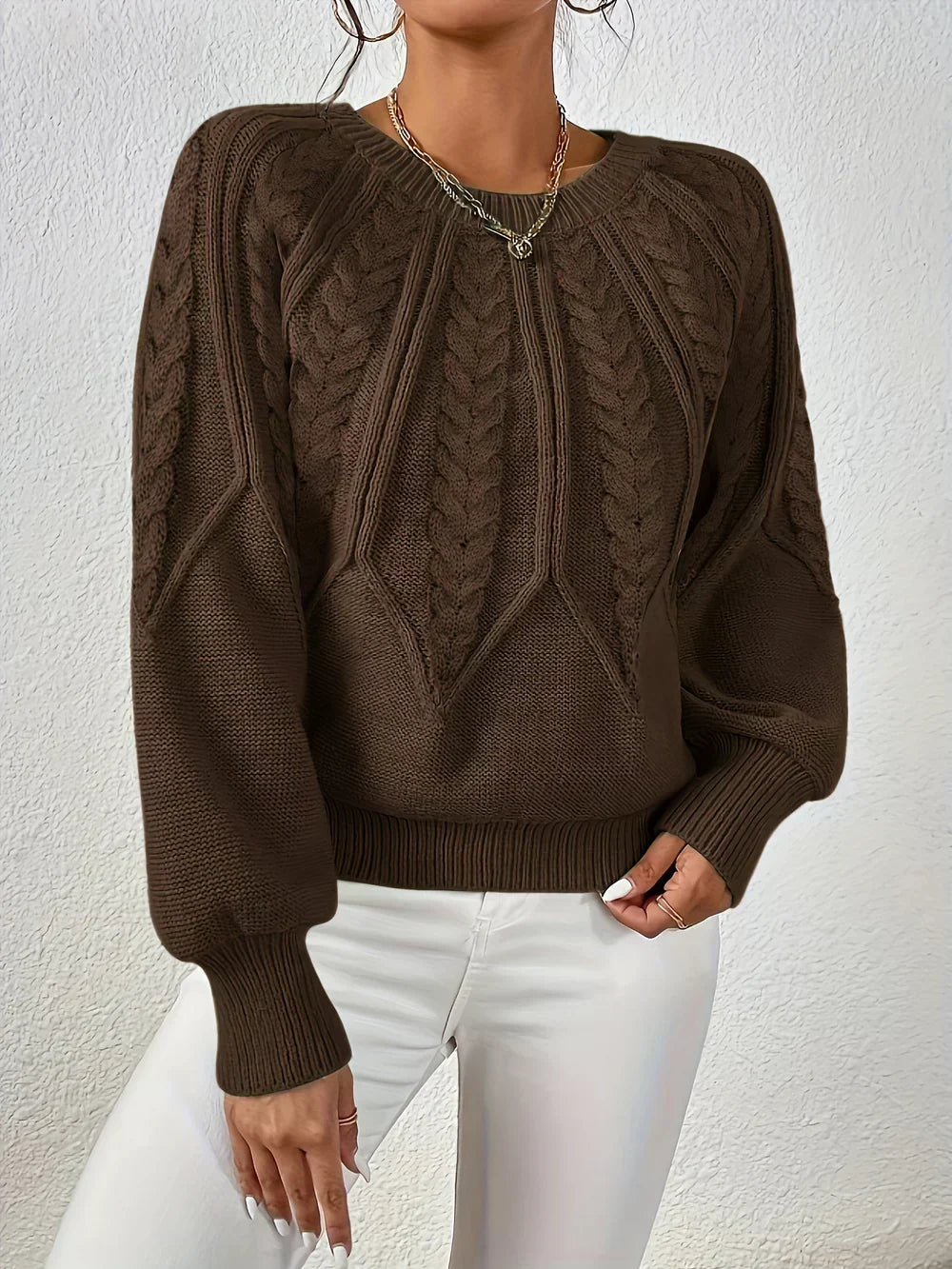 Women's Relaxed Cable-Knit Jumper with Crew Neckline – Dark Brown