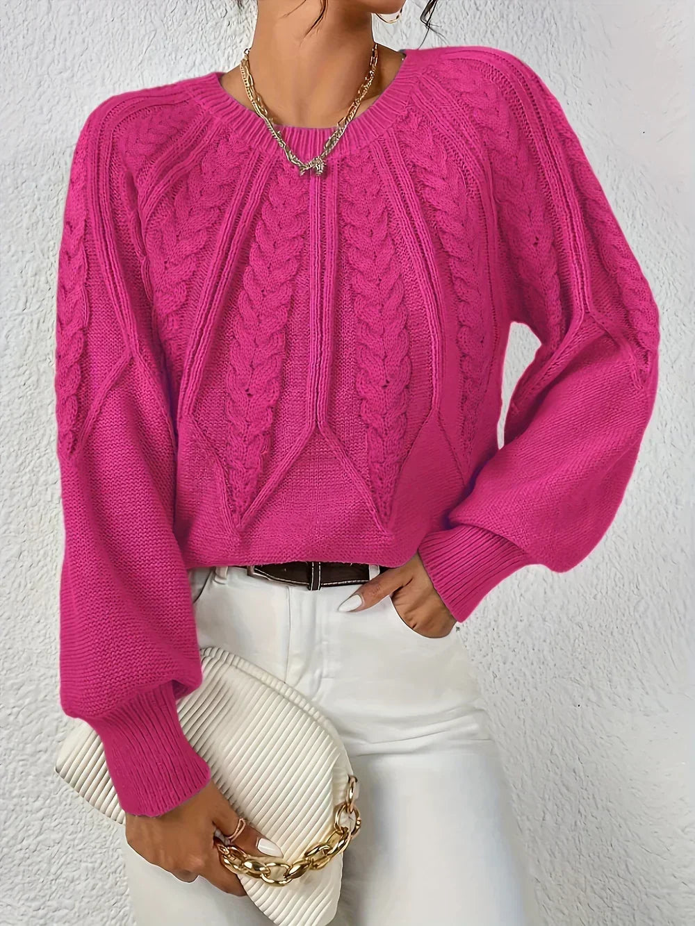 Women's Relaxed Cable-Knit Jumper with Crew Neckline – Pink