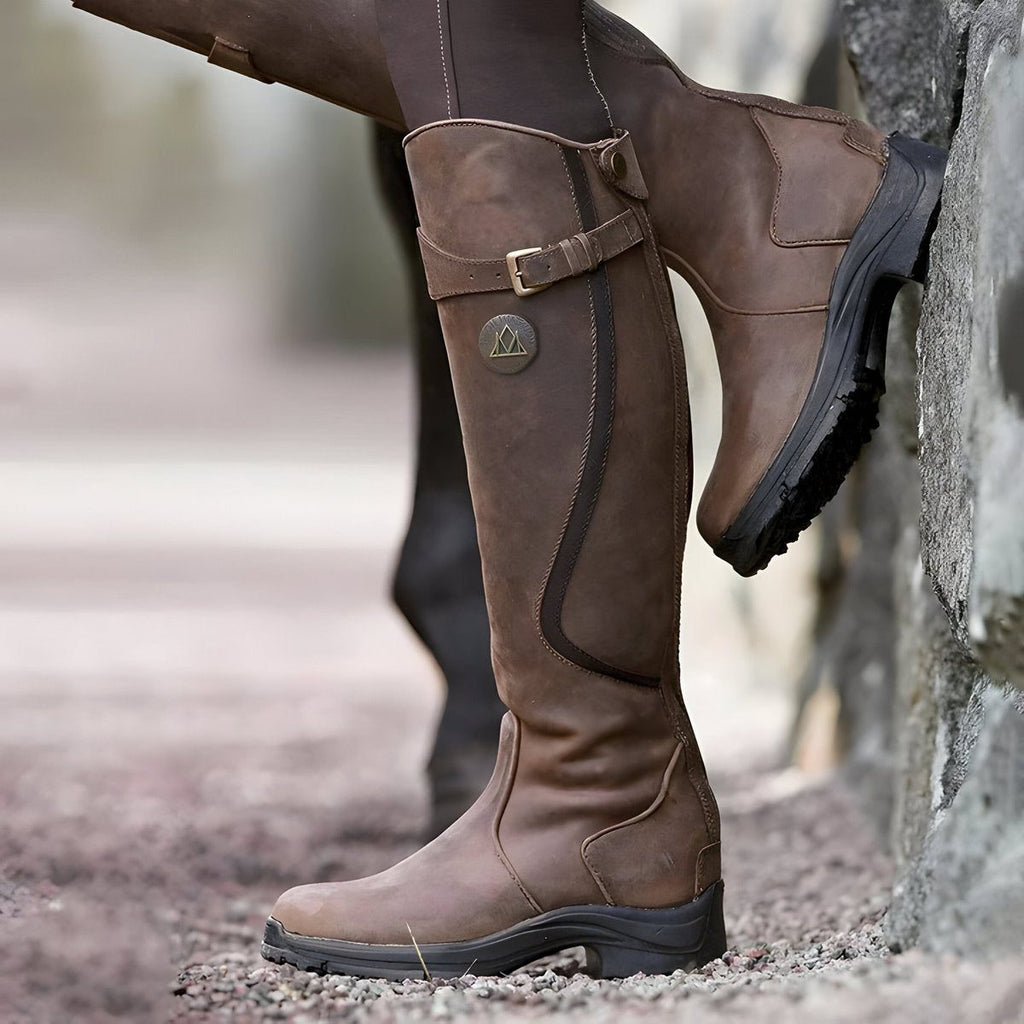 Women's Countryside Leather Tall Boots with Shaft Strap - Dark Brown