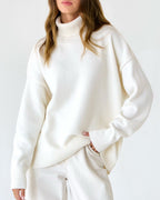 Women's Dropped-Shoulder Roll-Neck Jumper Minimalist Oversized Knit – White