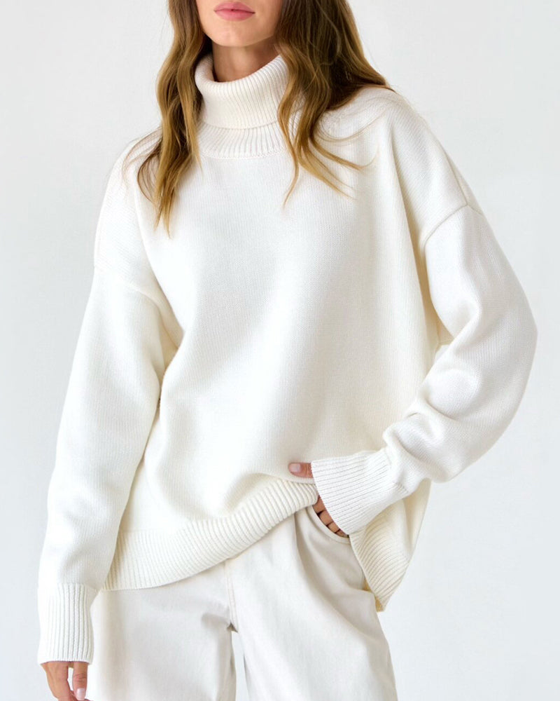 Women's Dropped-Shoulder Roll-Neck Jumper Minimalist Oversized Knit – White