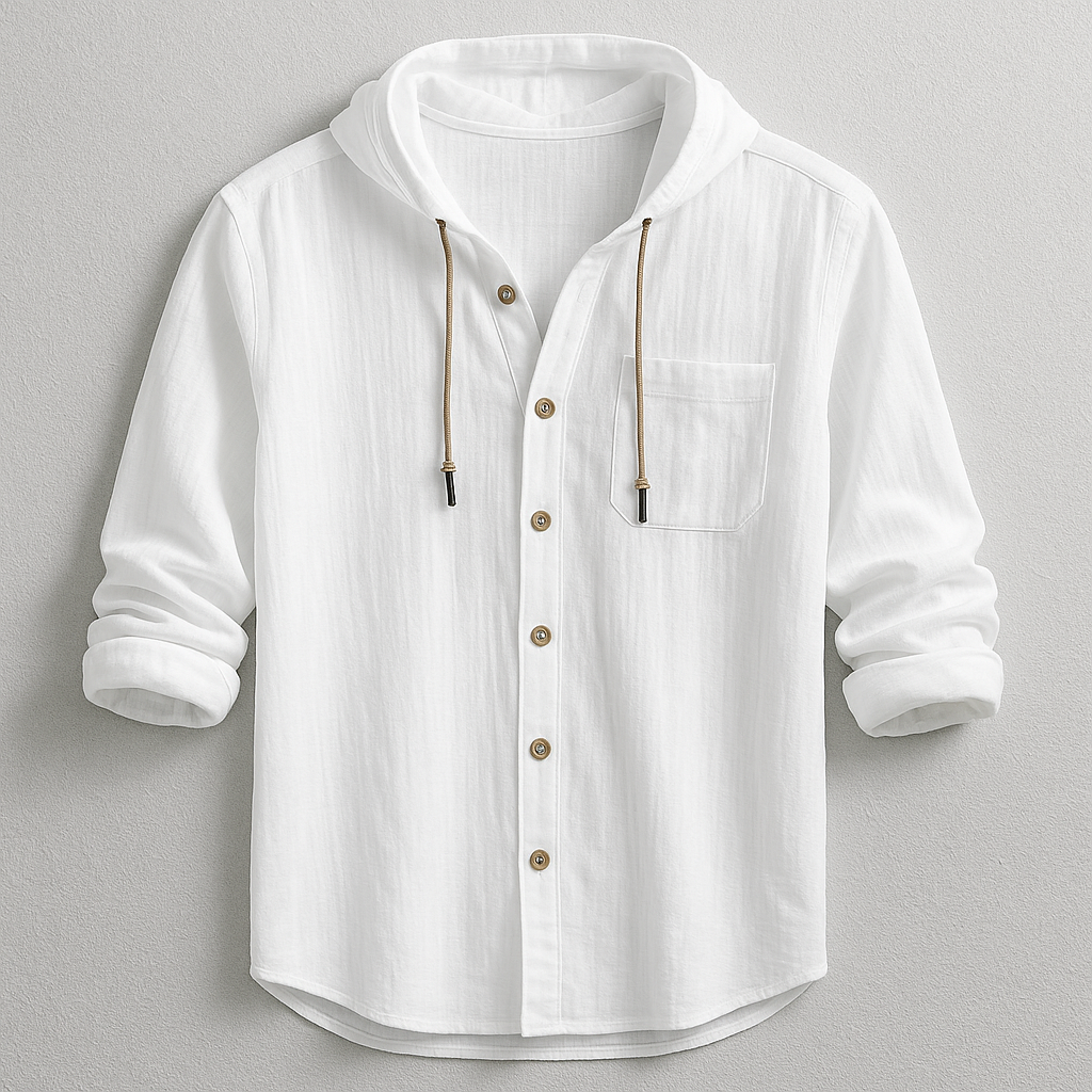 Men's Lightweight Hooded Overshirt with Button Front – White