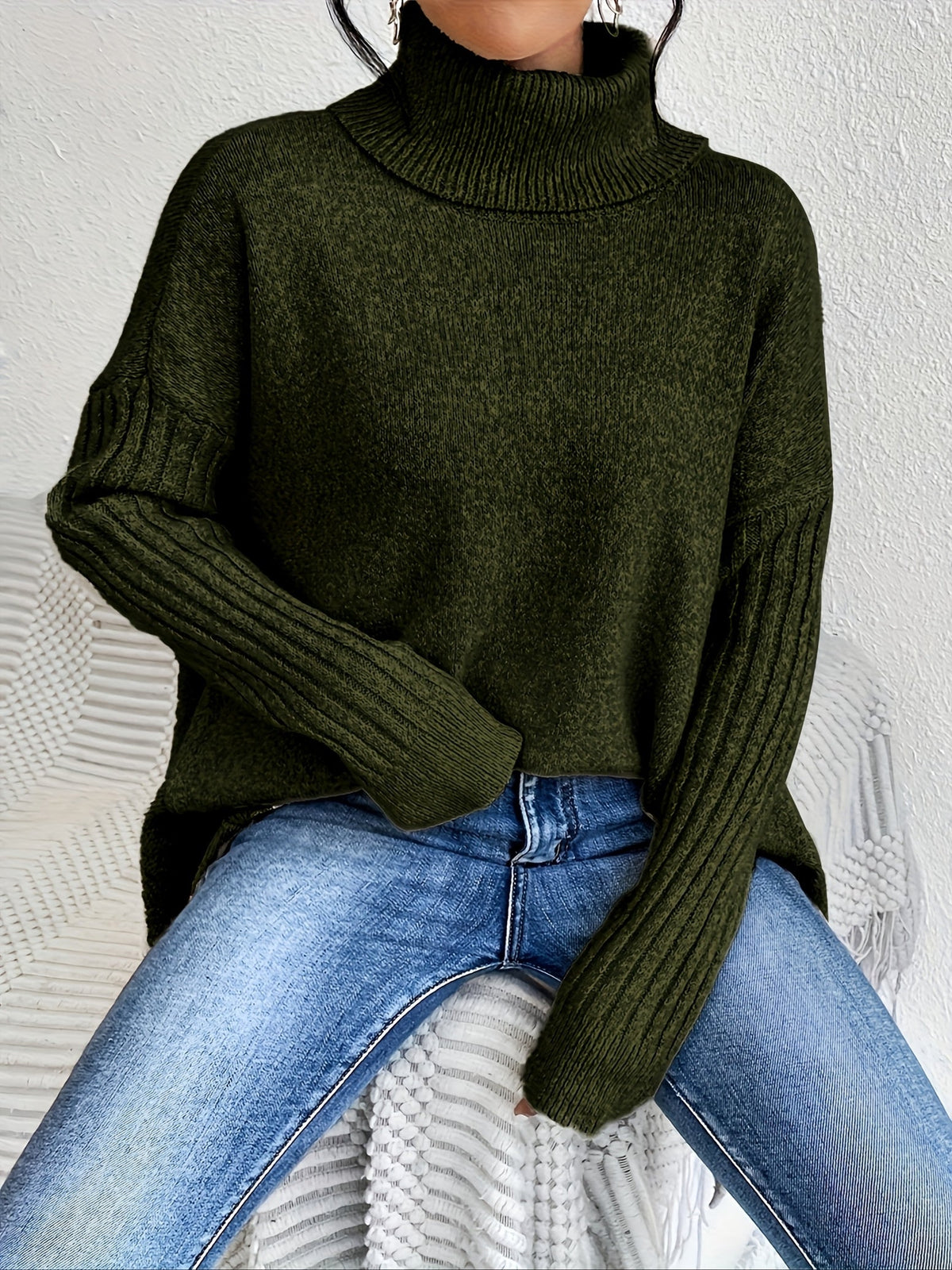 Women's Oversized Roll-Neck Jumper with Asymmetric Hem
