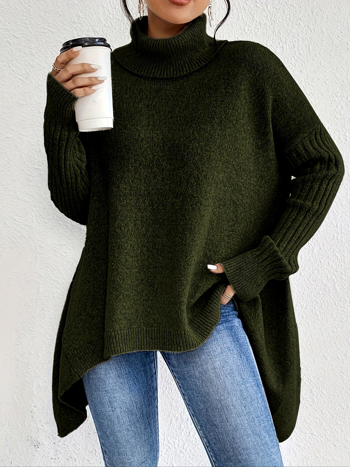 Women's Oversized Roll-Neck Jumper with Asymmetric Hem