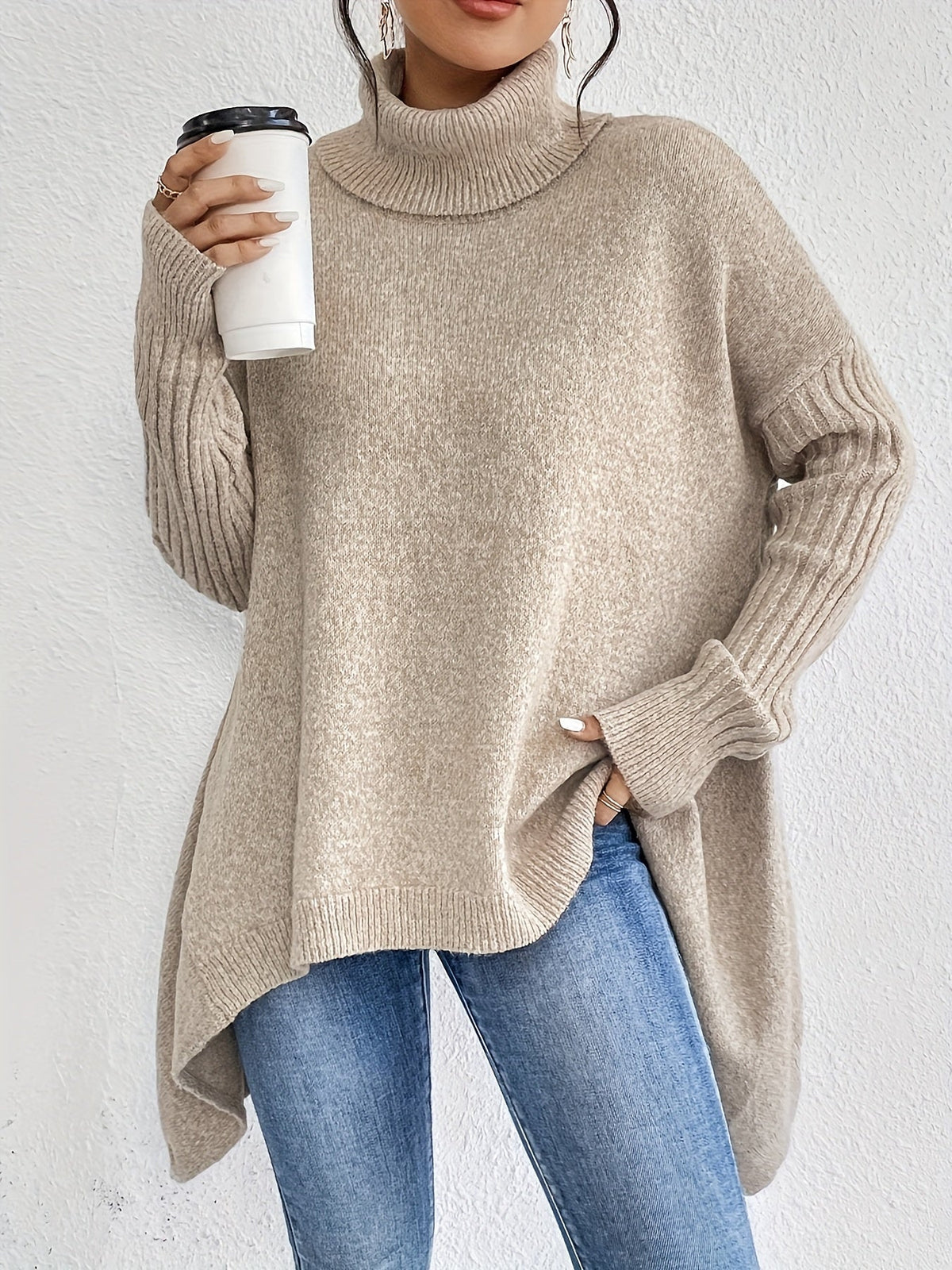 Women's Oversized Roll-Neck Jumper with Asymmetric Hem