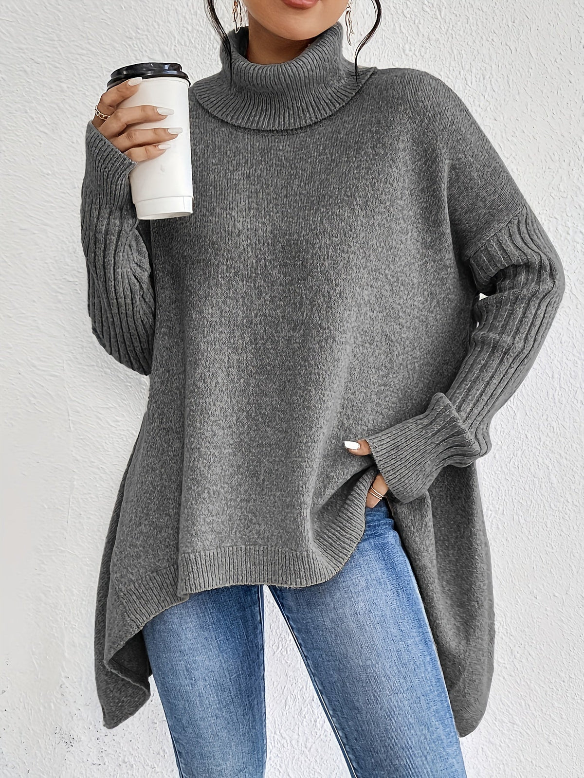 Women's Oversized Roll-Neck Jumper with Asymmetric Hem