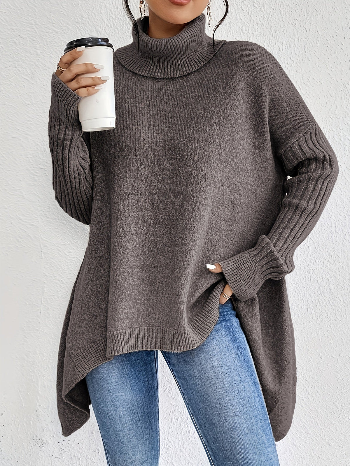 Women's Oversized Roll-Neck Jumper with Asymmetric Hem