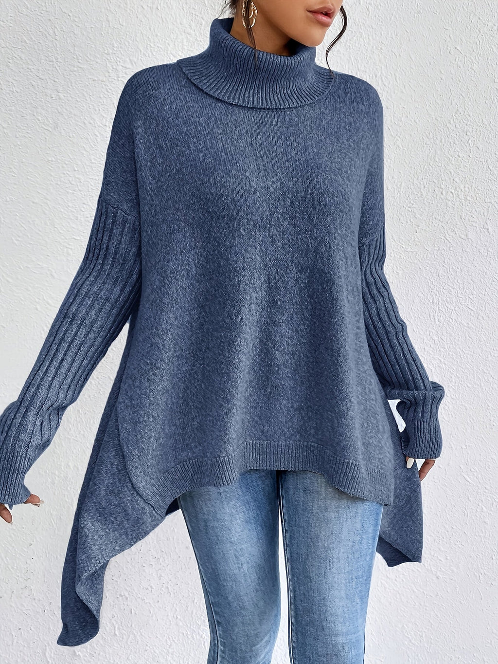 Women's Oversized Roll-Neck Jumper with Asymmetric Hem