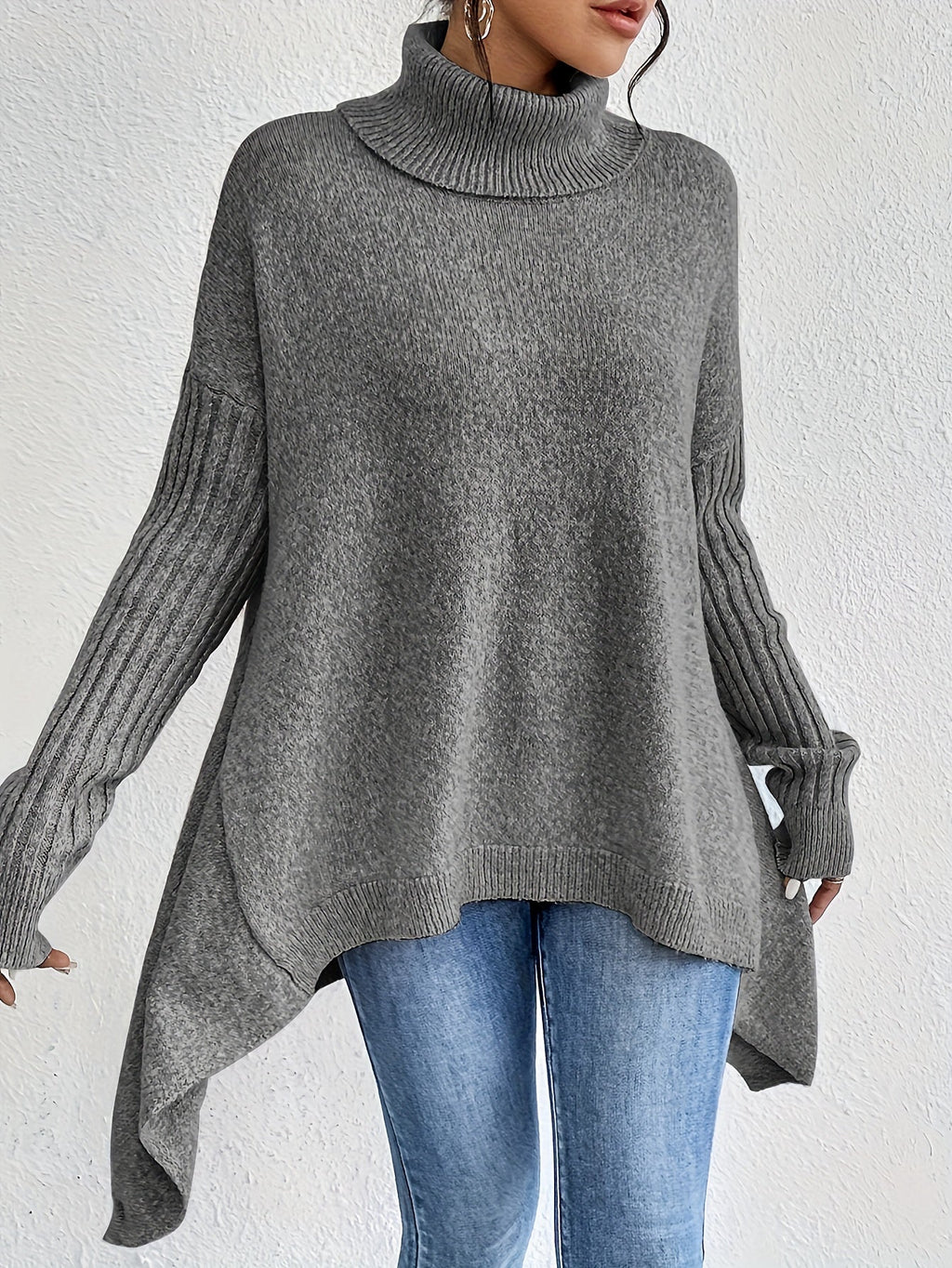 Women's Oversized Roll-Neck Jumper with Asymmetric Hem