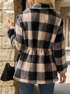 Women's Plush Check Full-Zip Hooded Jacket in Black and Beige