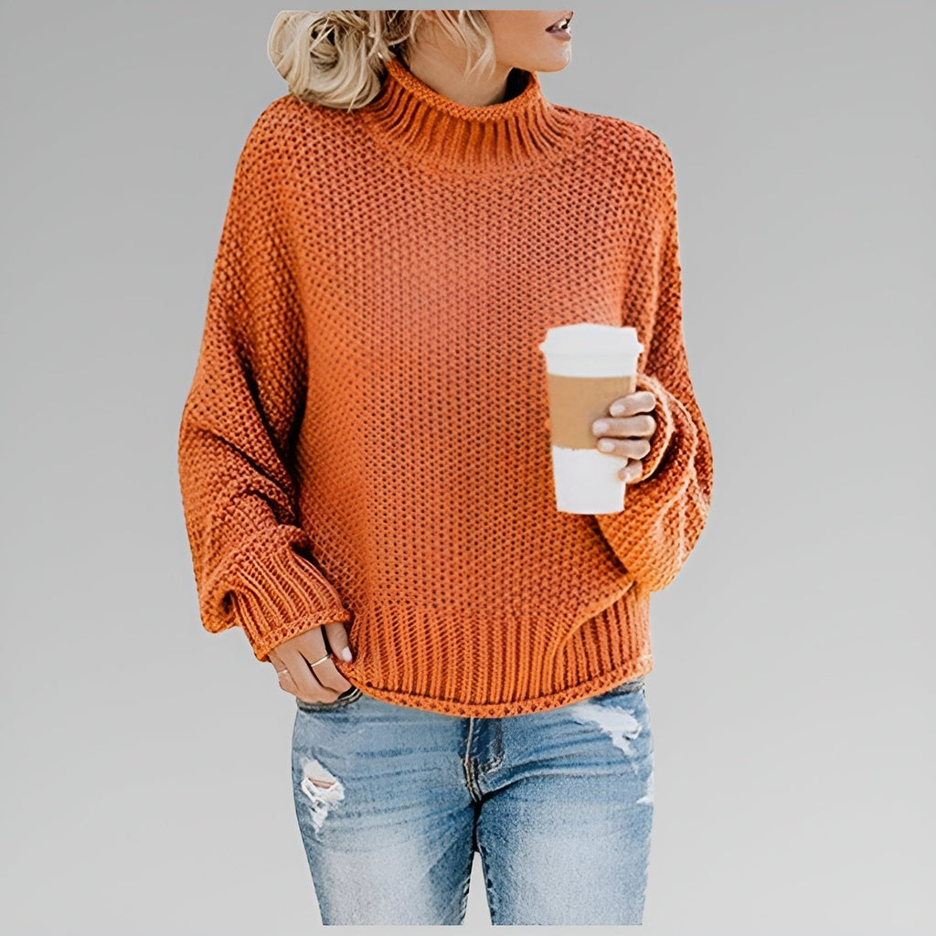 Women's Long-Sleeve Chunky Knit Jumper with Mock Roll-Neck – Orange