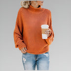 Women's Long-Sleeve Chunky Knit Jumper with Mock Roll-Neck – Orange