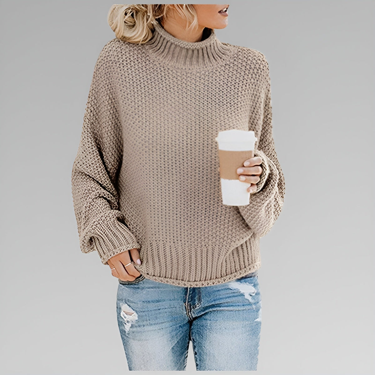 Women's Long-Sleeve Chunky Knit Jumper with Mock Roll-Neck