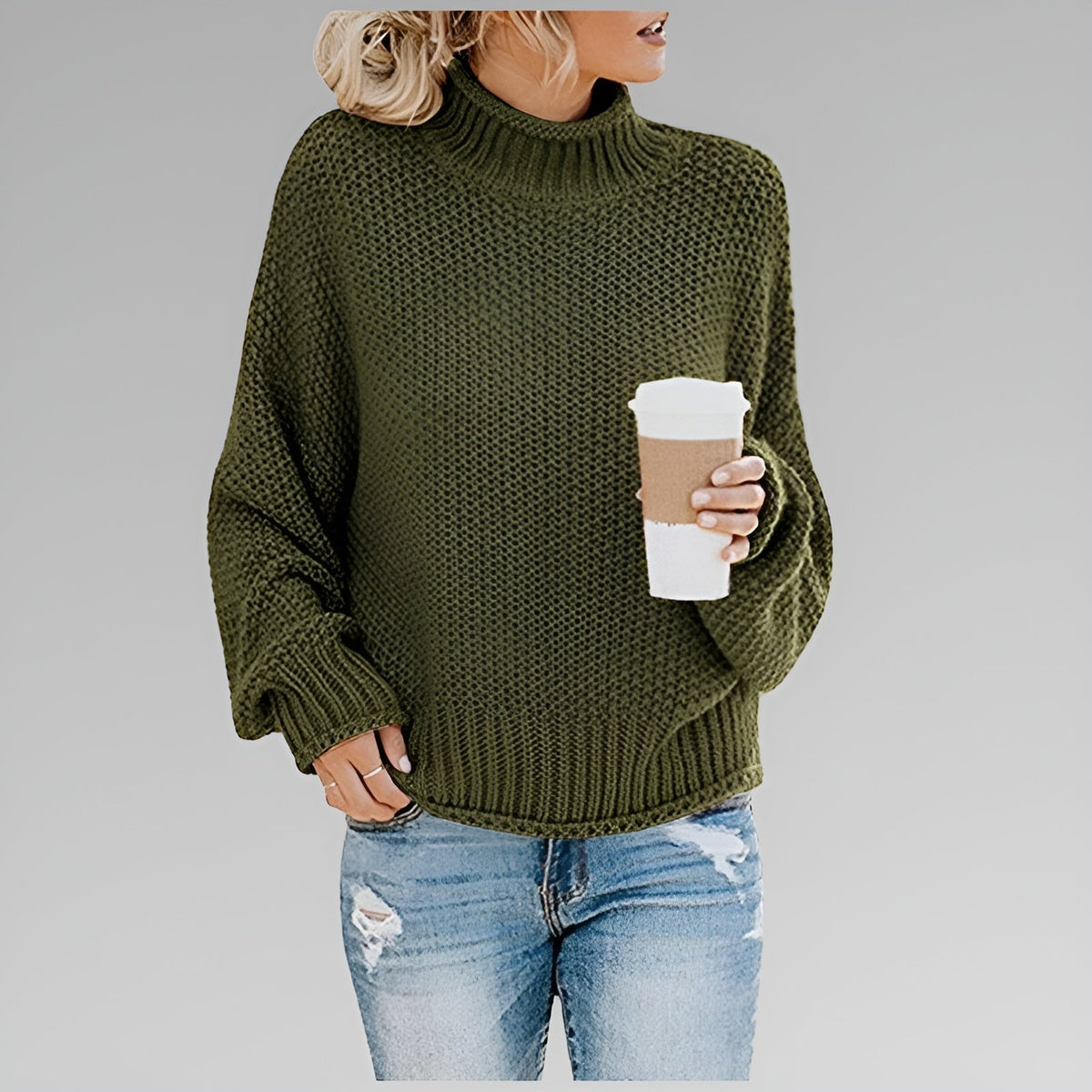Women's Long-Sleeve Chunky Knit Jumper with Mock Roll-Neck – Green